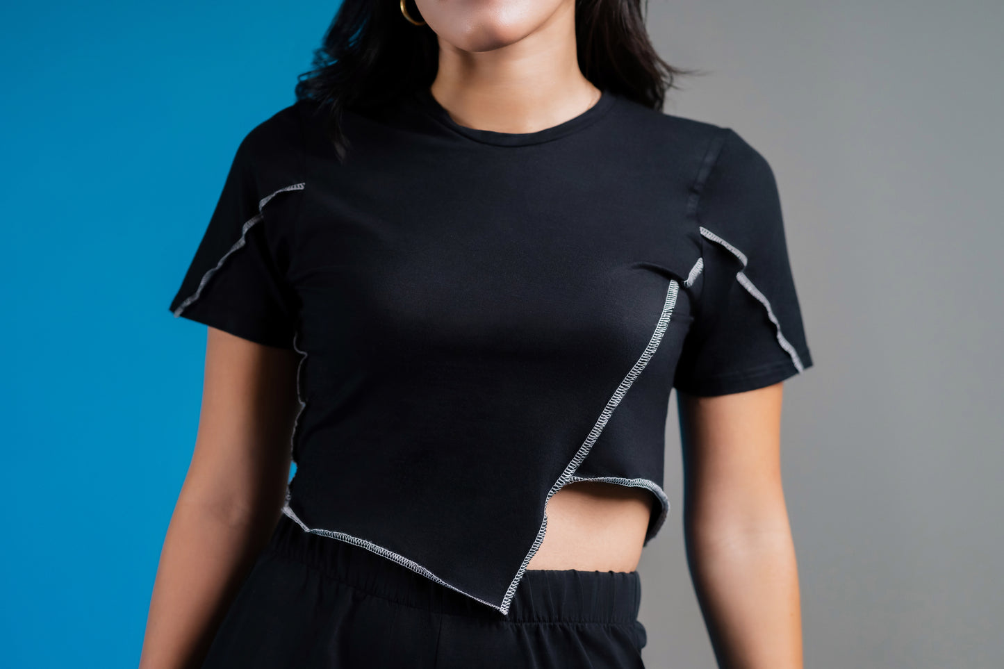 Black Contrast Stitching Top