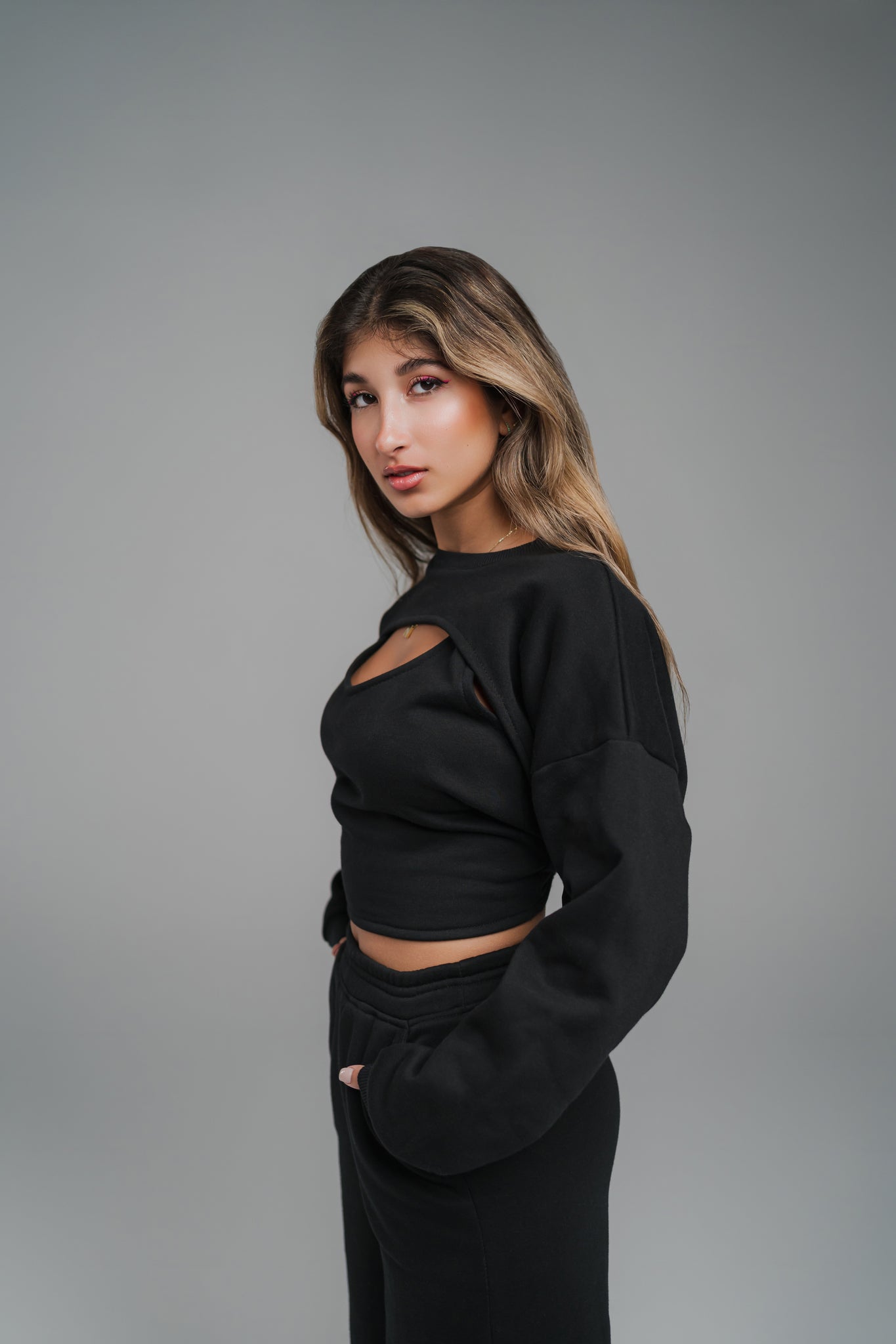 Black Super Cropped Hoodie Set