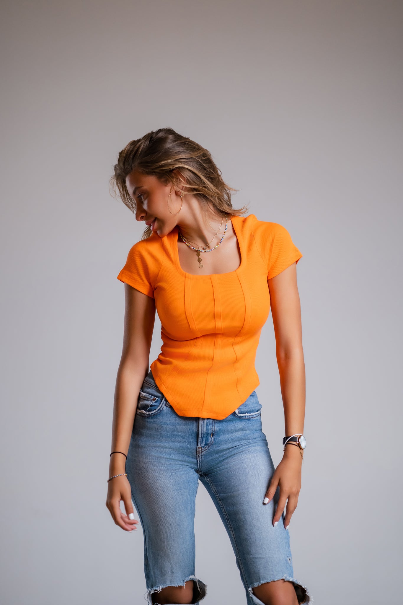 Orange Square Neck Top
